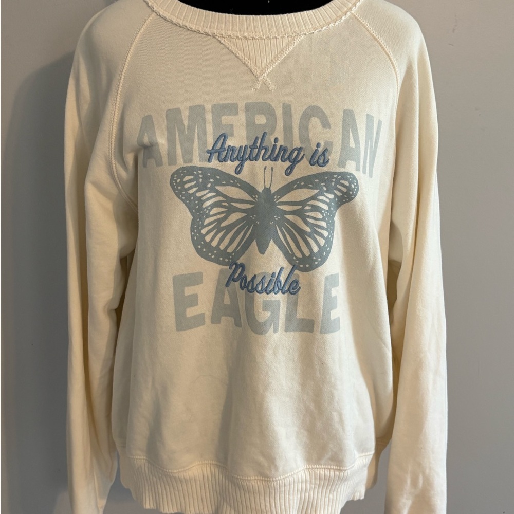 American Eagle Outfitters Cream and Blue Crew Neck Sweatshirt